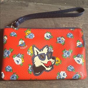 Coach Red Tea Rose Corner Zip  Wristlet Graphic Westie Design